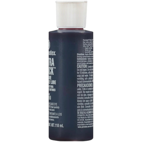 Side view of Permatex 81950 Ultra Slick Engine Assembly Lube, 4 oz. , Red bottle with label and instructions visible