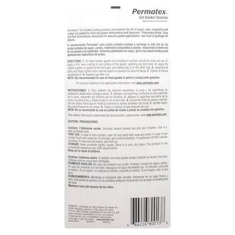 Back view of packaging for Grey Cut Gasket Coating Sealant For Tough Torque Engines, Vibration Resistant Silicone Sealant, 2 Oz