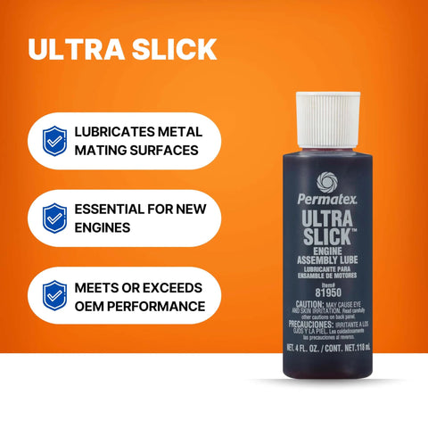 Front view of Permatex 81950 Ultra Slick Engine Assembly Lube, 4 oz., Red bottle with product features listed beside it.