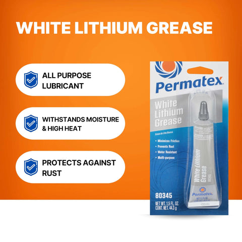 Front view of Permatex 80345 White Lithium Grease, 1.5 oz packaging highlighting its features and uses.