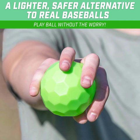 Person holding a green plastic baseball from the GoSports Plastic Baseballs - 6 Pack, demonstrating lightweight design for safe play.