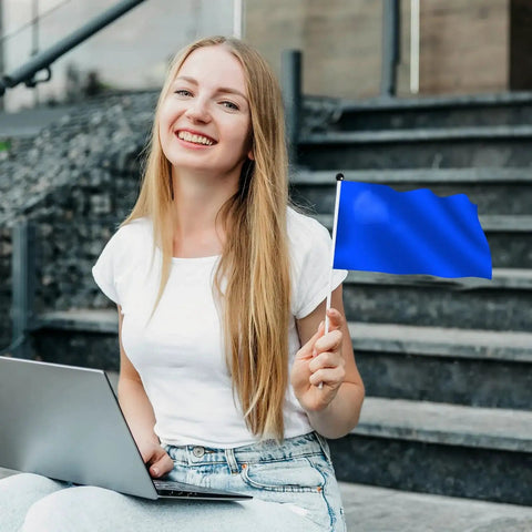 Woman sitting on steps holding a blue flag and using a laptop