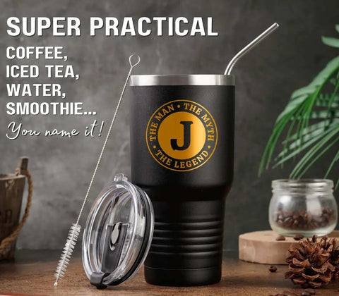 Man The Myth The Legend Monogram Stainless Steel Travel Tumbler For Men 30 Oz on table with straw and lid, personalized coffee gift