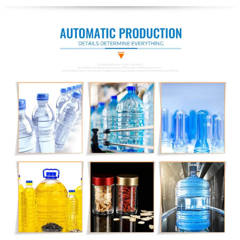 High Speed Automatic PET Bottle Blowing Machine with Adjustable Molds for Beverage Factory showing multiple bottle types