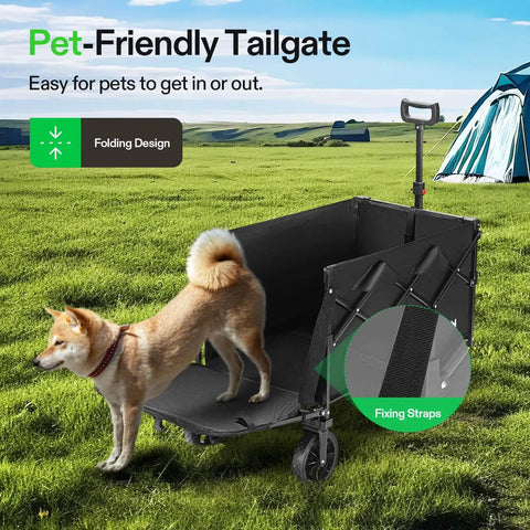 Collapsible Wagon With Tailgate For Camping And Outdoors, 320 Lb Load Capacity, All Terrain Wheels, Adjustable Handle