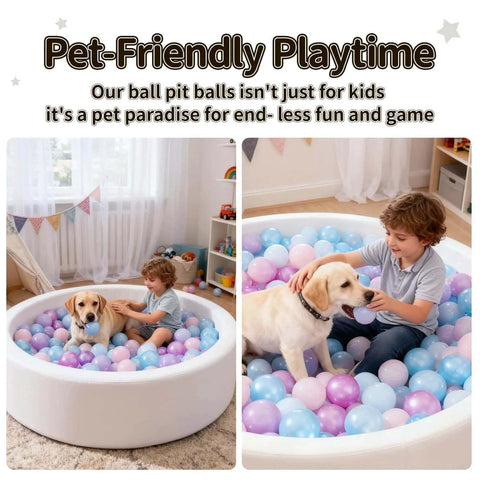 Child and dog in a ball pit, playing with Ball Pit Balls - 100pcs - Crush Proof Plastic Children's Toy Balls Macaron Ocean Balls for Birthday Parties.
