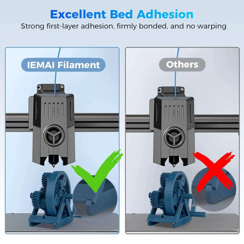 Comparison of IEMAI Filament vs Others showing Carbon Fiber Reinforced PETG 1.75mm Matte Blue 1kg 3D Printer Filament adhesion