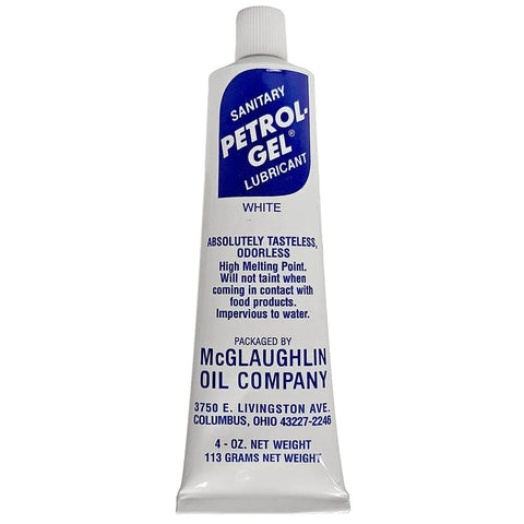 Front view of Petrol-Gel Lubricant, 4oz tube with white and blue labeling by McGlaughlin Oil Company