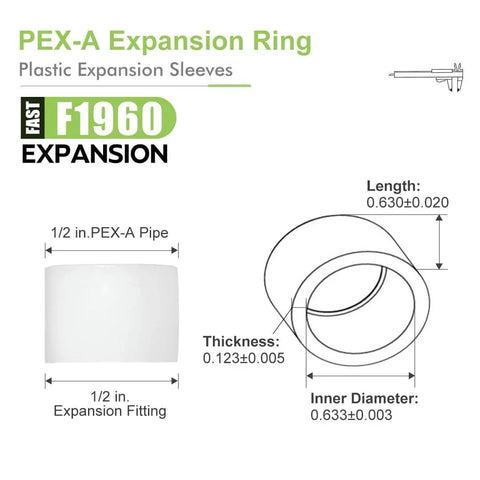 Diagram of 100 Pack One Half Inch PEX A Expansion Rings Reinforcing Sleeves With Stop Rings For Pipe Tubing System details.