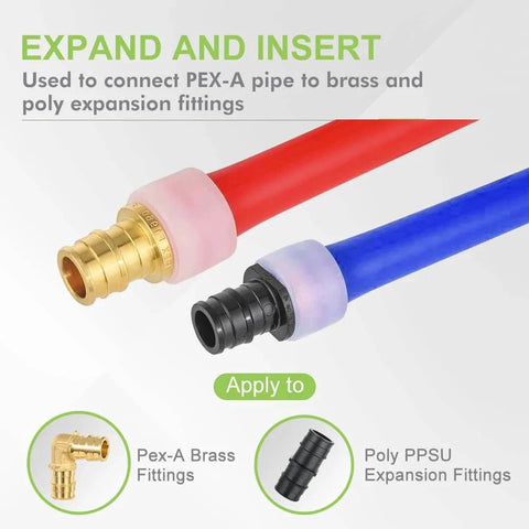 100 Pack One Half Inch PEX A Expansion Rings Reinforcing Sleeves With Stop Rings For Pipe Tubing System on red and blue tubing