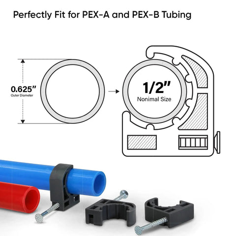 Black 1/2 in PEX tubing half clamp with nail for pipe support; blue and red PEX tubes with screws.