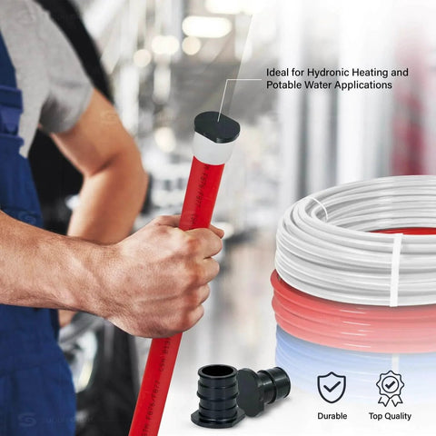 Expansion Fitting Three Quarter Inch Plug End Cap For Pipe F1960 With Expansion Barb Connections, shown with PEX-A tubing