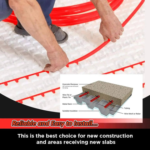 Installation of Pex A Tubing 1 Inch 100 Ft Coil Red Non Barrier Flexible PEX Pipe for potable water with illustration overlay
