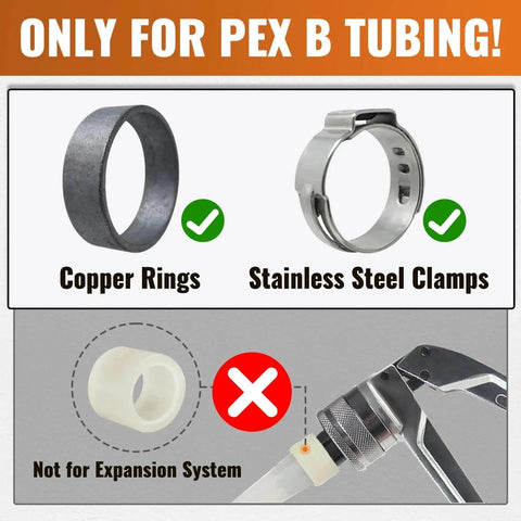 Copper rings and stainless steel clamps for PEX B tubing, not compatible with expansion systems. Includes image of a crimp tool.