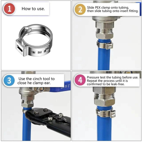 Step-by-step guide showing the RTHIEAI Cinch Clamp Tool Kit For Stainless Steel PEX Clamps Three Eighths To One Inch with installed clamps.