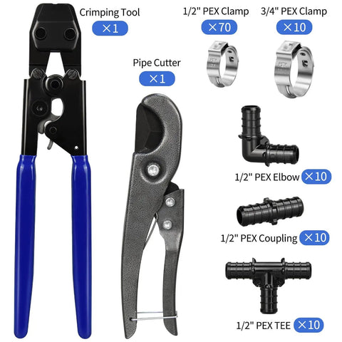 Three Eighths To One Inch Pex Cinch Clamp Tool Kit Includes Cinch Tool Pipe Cutter Seventy Half Inch Clamps Ten Three Quarter Inch Clamps Thirty Piece One Half Inch PPSU Pex Fittings Ten Elbows Ten Tees Ten Couplings For Quick Plumbing