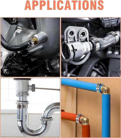 Applications of 120 Pcs Half Inch PEX Cinch Clamps Rings 304 Stainless Steel Single Ear Hose Clamps in plumbing and piping connections.