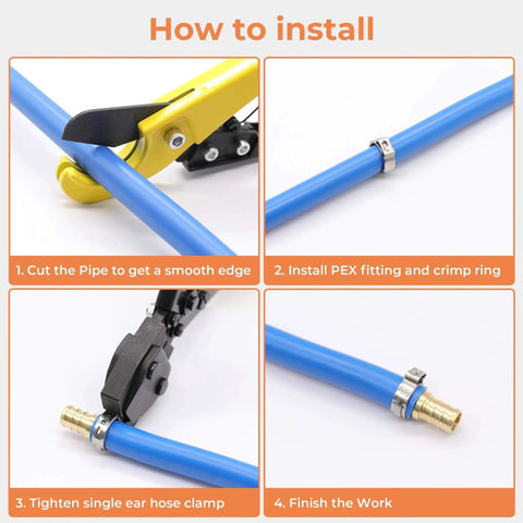 Installation guide showing how to use 120 Pcs Half Inch PEX Cinch Clamps Rings 304 Stainless Steel Single Ear Hose Clamps