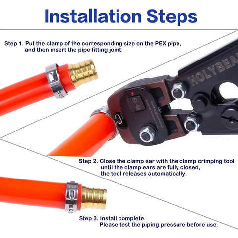Installation steps using Three Quarters Inch PEX Cinch Clamp Rings in Premium 304 Stainless Steel Thickened Design for 360 Degree Watertight Seals No Bulge Inner Ring Single Ear Hose Clamps for PEX Tubing and Pipe Fittings Pack of 50