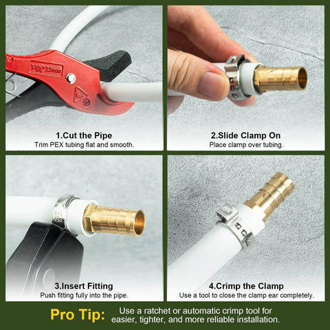 120 Pack One Half Inch Pex Cinch Clamps Rings Heavy Duty 304 Stainless Steel Pex Crimp Rings Thickened Single Ear Hose Clamps For PEX Tubing Pipe Fitting Connections Ideal For Home Or Pro Plumbing Projects Durable Stainless Steel Grip in use with crimping tool and PEX tubing.