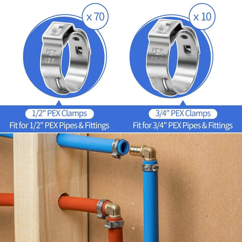Three Eighths To One Inch Pex Cinch Clamp Tool Kit Includes Cinch Tool Pipe Cutter Seventy Half Inch Clamps Ten Three Quarter Inch Clamps Thirty Piece One Half Inch PPSU Pex Fittings Ten Elbows Ten Tees Ten Couplings For Quick Plumbing shown with clamps and installed pipes.