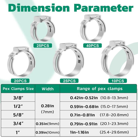 120 Piece Pex Crimp Ring And Cinch Clamp Set In 304 Stainless Steel For Pex Tubing Includes Five Sizes Chart