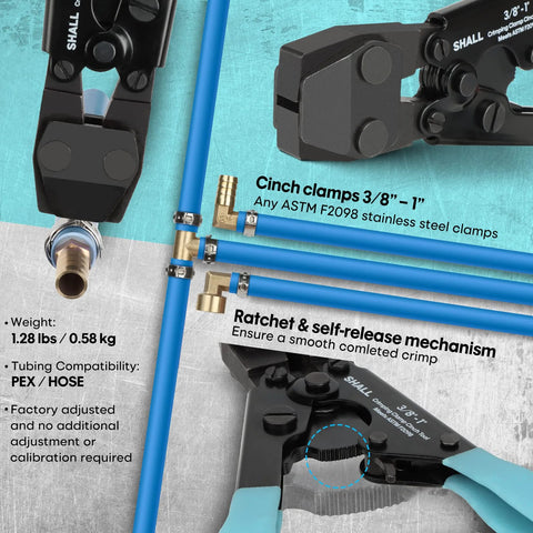 SHALL PEX crimping cinch tool kit with 3/8–1 in stainless clamps; includes 20x 1/2 in and 10x 3/4 in, storage bag