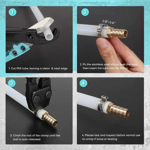 SHALL Pex crimping tool kit with stainless clamps and fittings; four-step panels show cut PEX, fit clamp, cinch, test.