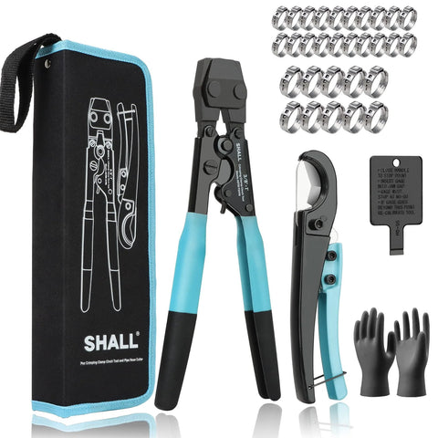 Shall Pex crimping cinch tool kit with turquoise-handled pliers, pipe cutter, storage bag, includes 20x1/2 in clamps and 10x3/4 in clamps.