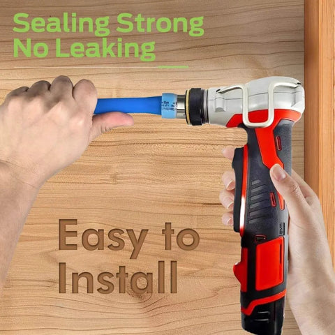 Hand installing a blue hose with a red and black tool against a wooden background, text reads 'Sealing Strong, No Leaking, Easy to Install'.