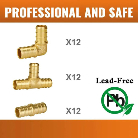 Sungator Pex Fittings 1/2 Inch 36 Piece Set Elbows Tees Couplings For Pex Pipe Lead Free Brass ASTM F1807 NSF ANSI 61