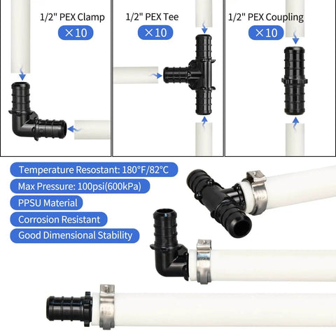 Three Eighths To One Inch Pex Cinch Clamp Tool Kit Includes Cinch Tool Pipe Cutter Seventy Half Inch Clamps Ten Three Quarter Inch Clamps Thirty Piece One Half Inch PPSU Pex Fittings Ten Elbows Ten Tees Ten Couplings For Quick Plumbing, showing PPSU fittings and clamps in use.