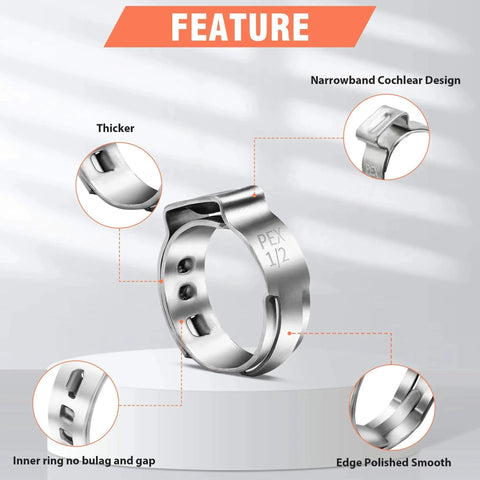 Feature diagram of 120 Pcs Half Inch PEX Cinch Clamps Rings 304 Stainless Steel Single Ear Hose Clamps with close-up details.