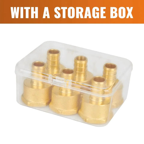 Six Pack Half Inch Pex To Half Inch Female NPT Brass Fittings Lead Free PEX B Adapters Drinking Water Safe NSF ANSI 61 Certified ASTM F1807 Compliant High Quality Brass Plumbing Connectors in storage box