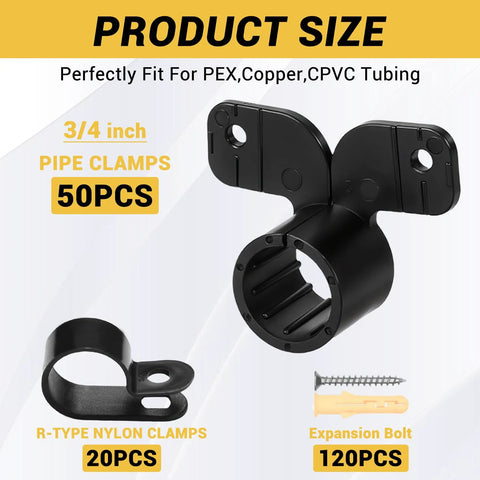 MSLANE PEX pipe support kit, 190pcs: includes 50x 3/4in pipe clamps, 20x R-type nylon clamps, and 120x expansion bolts.