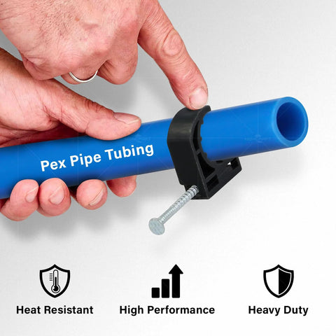 Black half clamp for 1/2 in PEX tubing with mounting nail around blue PEX pipe