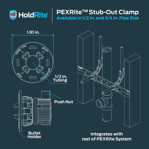 HoldRite PEXRite Stub-Out Clamp for 1/2 in CTS pipe; tool-free bathroom stub-out support
