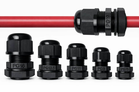 41 Piece PG Cable Gland Kit For Waterproof Junction Boxes And Cord Grip Strain Relief Includes PG7 PG9 PG11 PG13.5 PG16 PG19 IP68 Rated Sealing Kit For Cables And Wires In Outdoor Industrial Rugged Environments, displayed with various gland sizes