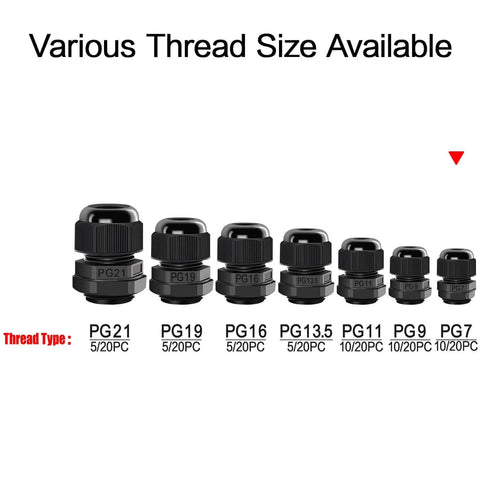 Various PG thread size cable glands black waterproof connectors for electrical boxes and outdoor projects