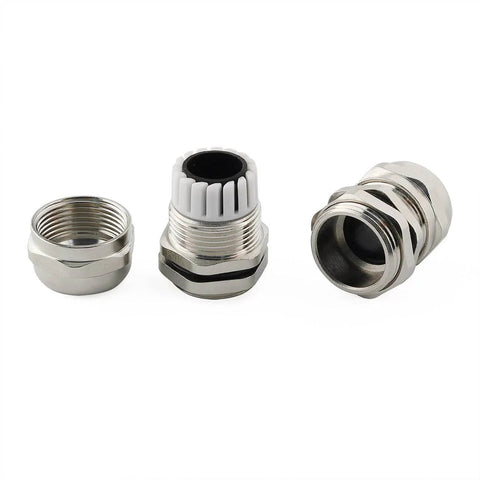 PG11 Metal Cable Gland Waterproof IP68 Five Pack 5 To 10mm Wire Range 18.6mm Thread Outside Diameter 8mm Thread Length Durable Metal Cable Gland With Rubber Seal And Locknut For Rugged Electrical Enclosures shown in close-up view