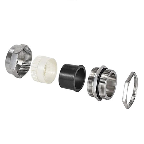 Exploded view of PG11 Metal Cable Gland Waterproof IP68 Five Pack with rubber seal and locknut, shown in metal and rubber components.
