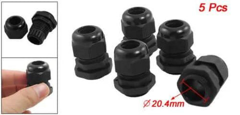 Five Pack PG13.5 Black Plastic Waterproof Cable Glands for Outdoor Wiring, IP67 Sealed, Fits 6-11mm Cables displayed