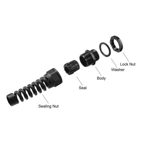 Exploded view of PG21 Waterproof Cable Gland with Nylon Joint IP68 Rated Adjustable Locknut and Strain Relief for 13 to 18mm Cables