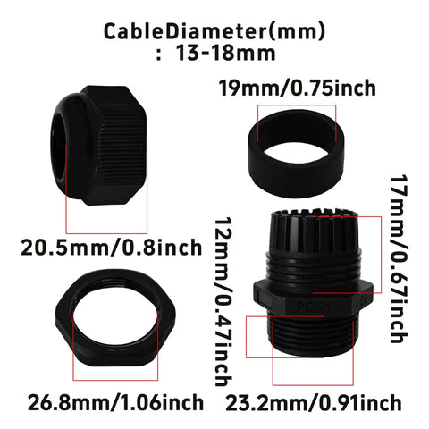 5 Pack PG21 Nylon Cable Gland Connectors Waterproof IP68 with Adjustable Locknut Protectors for 13-18mm Cables