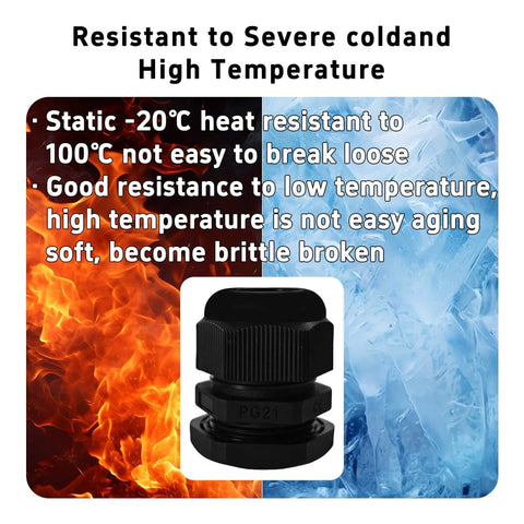 5 Pack PG21 Nylon Cable Gland Connectors Waterproof IP68 With Adjustable Locknut Protectors, black nylon, temperature resistant.