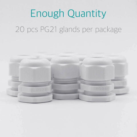 PG21 Cable Gland Kit, 20 white plastic nylon waterproof wire glands connectors fittings displayed, durable PA66 body.