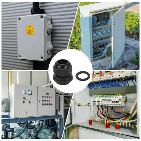 Collage showing Two Pack PG25 Nylon Cable Glands Waterproof Cord Grip Connector with washers in use in junction boxes and control panels.