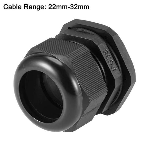 PG36 Cable Gland 22mm To 32mm Waterproof Nylon Wire Hole Joint With Washer Adjustable Locknut, black, side view