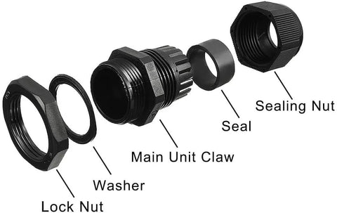 Exploded view of PG7 Plastic Waterproof Cable Gland For 3-6.5mm Cables With Gaskets M12 By 1.5 Thread, showing parts.