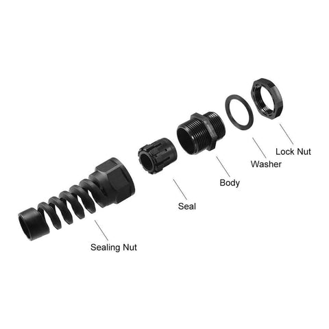 Exploded view of PG7 Cable Gland Waterproof IP68 Nylon Joint With Strain Relief and Adjustable Locknut For 4.5-7.8mm Wire Diameter
